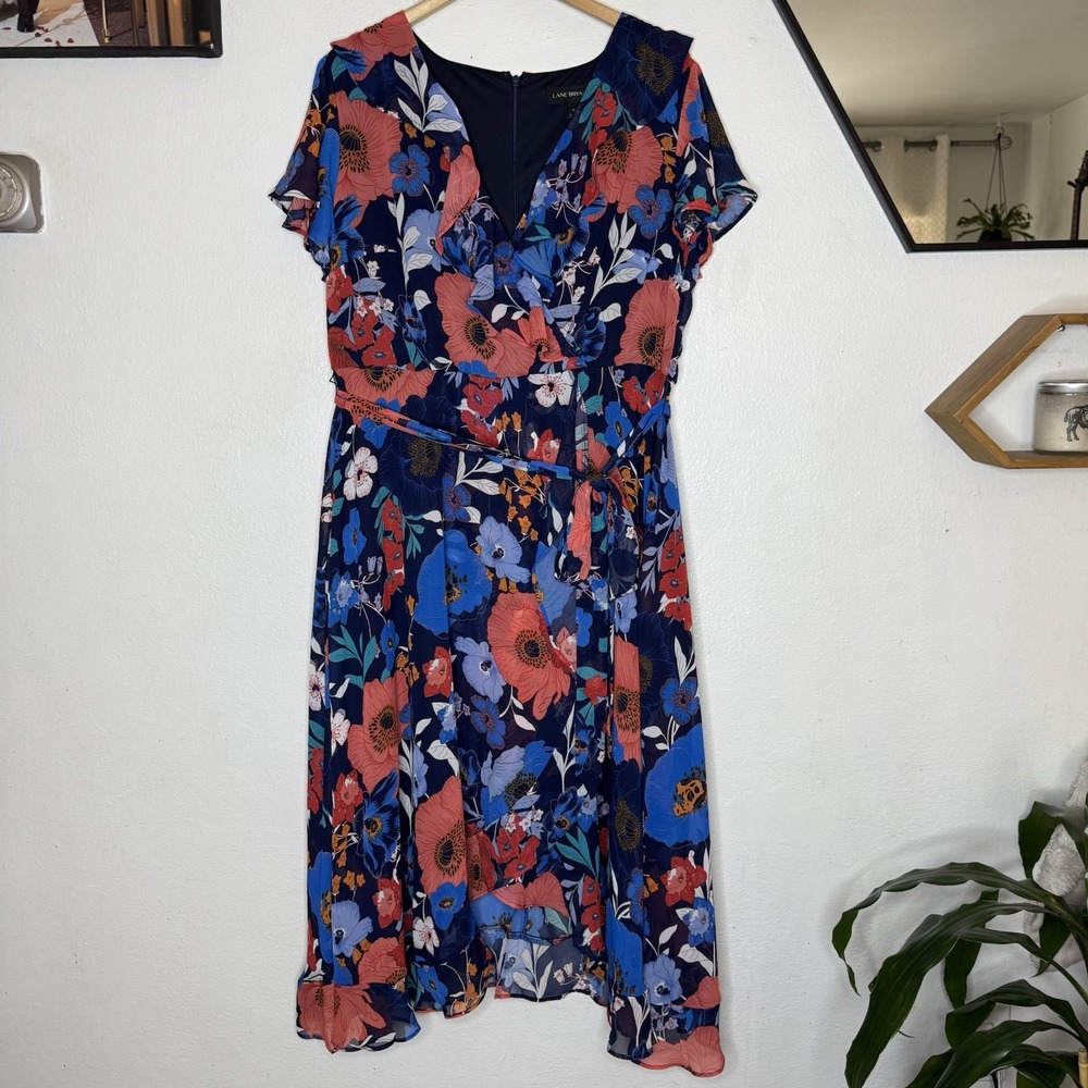 Lane Bryant Ruffle Faux Wrap Midi Dress Womens 16 Floral Short Sleeve Boho READ